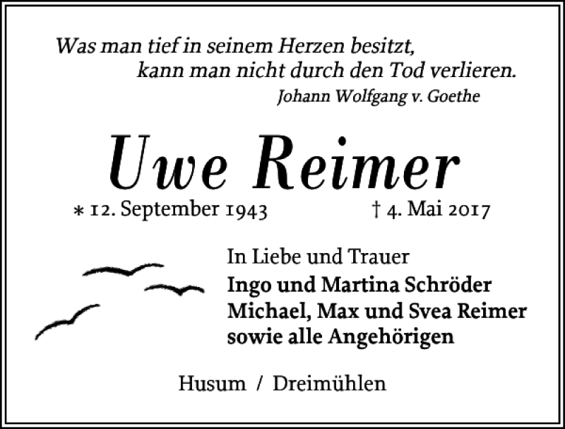  Traueranzeige für Uwe Reimer vom 17.06.2017 aus Husumer Nachrichten