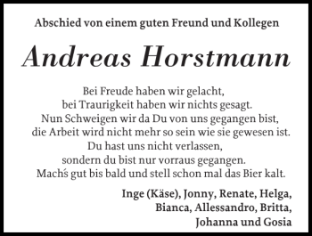 Traueranzeige von Andreas Horstmann von Sylter Rundschau