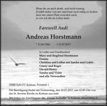 Traueranzeige von Andreas Horstmann von Sylter Rundschau