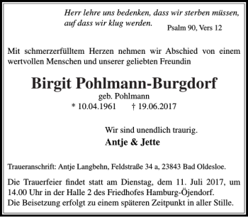Traueranzeige von Birgit Pohlmann-Burgdorf von Stormarner Tageblatt