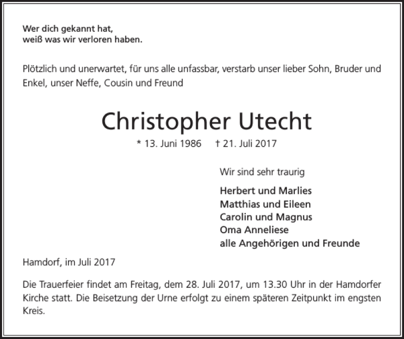  Traueranzeige für Christopher Utecht vom 25.07.2017 aus Landeszeitung