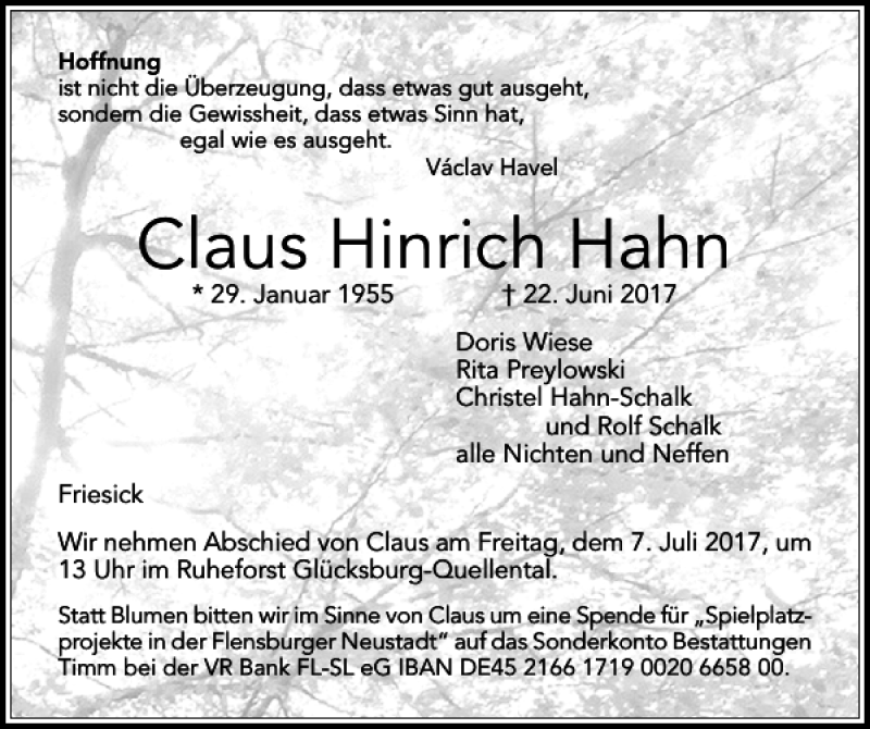  Traueranzeige für Claus Hinrich Hahn vom 01.07.2017 aus Flensburger Tageblatt