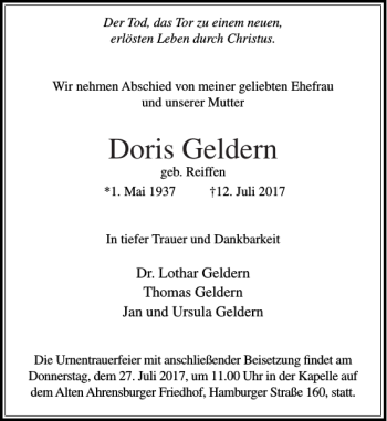 Traueranzeige von Doris Geldern von Stormarner Tageblatt