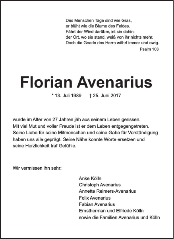  Traueranzeige für Florian Avenarius vom 08.07.2017 aus Pinneberger Tageblatt