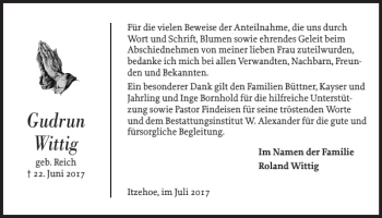 Traueranzeige von Gudrun Wittig von Norddeutsche Rundschau