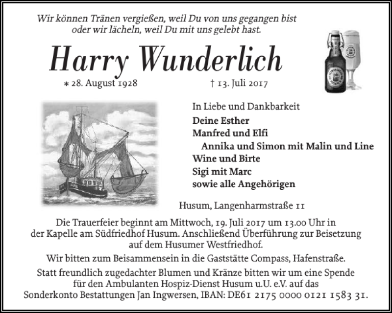  Traueranzeige für Harry Wunderlich vom 15.07.2017 aus Husumer Nachrichten