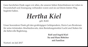 Traueranzeige von Hertha Kiel von Landeszeitung