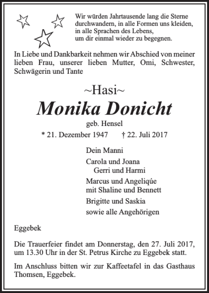  Traueranzeige für Monika Donicht vom 25.07.2017 aus Flensburger Tageblatt
