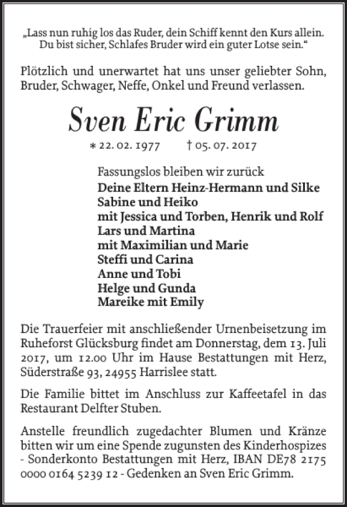  Traueranzeige für Sven Eric Grimm vom 11.07.2017 aus Flensburger Tageblatt