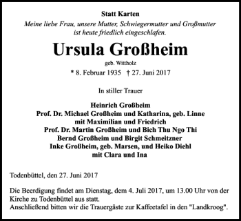 Traueranzeige von Ursula Großheim von Landeszeitung