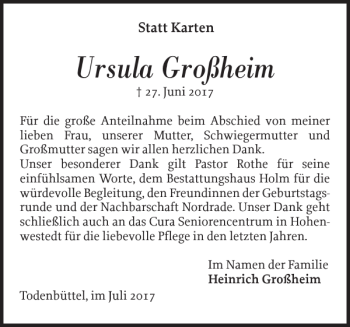 Traueranzeige von Ursula Großheim von Landeszeitung
