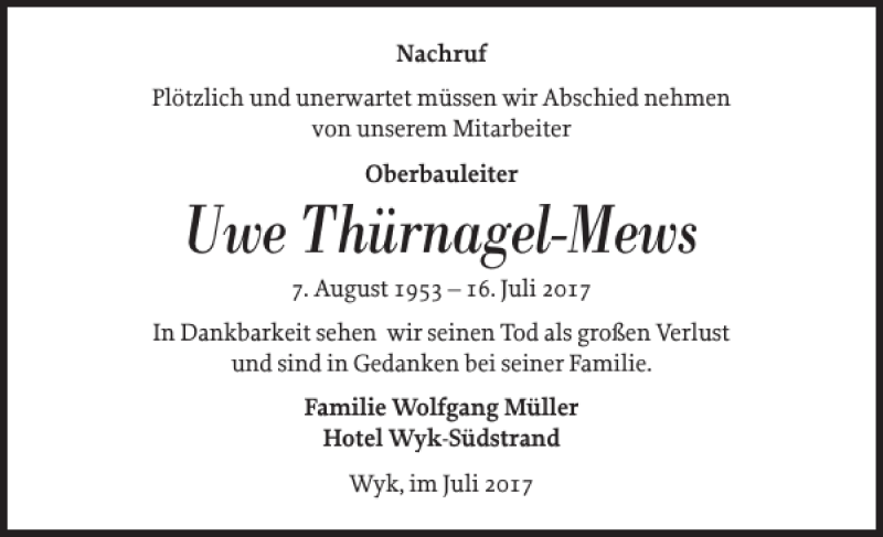  Traueranzeige für Uwe Thürnagel-Mews vom 22.07.2017 aus Der Insel-Bote