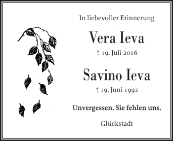 Traueranzeige von Vera Ieva Savino Ieva von Norddeutsche Rundschau