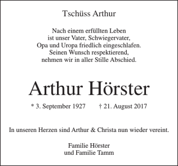 Traueranzeige von Arthur Hörster von Elmshorner Nachrichten
