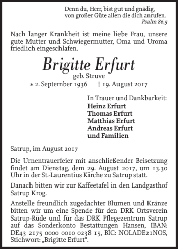 Traueranzeige von Brigitte Erfurt von Flensburger Tageblatt