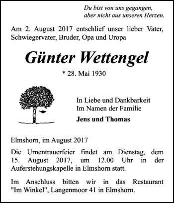 Traueranzeige von Günter Wettengel von Elmshorner Nachrichten