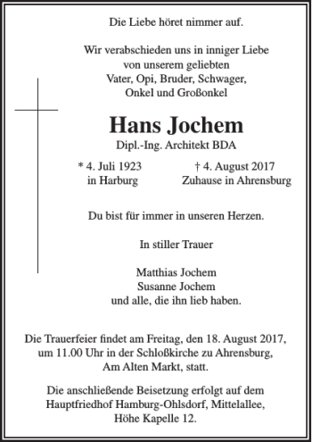 Traueranzeige von Hans Jochem von Stormarner Tageblatt