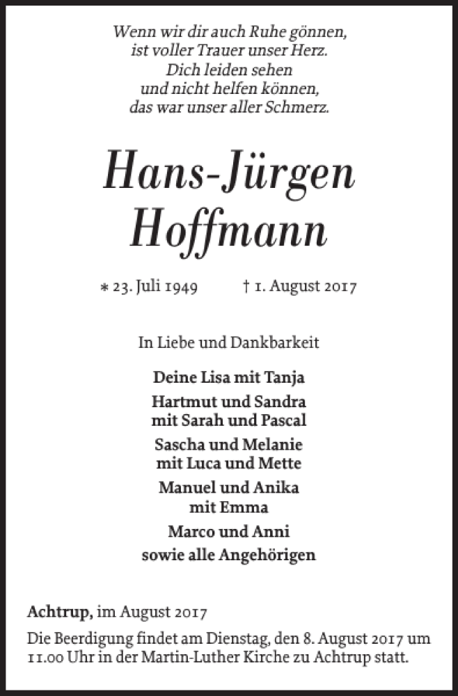  Traueranzeige für Hans-Jürgen Hoffmann vom 04.08.2017 aus Nordfriesland Tageblatt