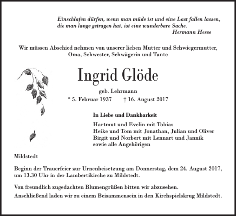  Traueranzeige für Ingrid Glöde vom 21.08.2017 aus Husumer Nachrichten