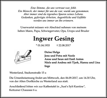 Traueranzeige von Ingwer Giesing von Sylter Rundschau