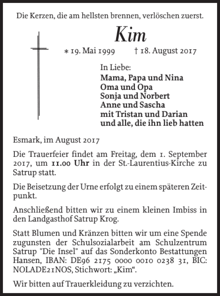  Traueranzeige für Kim  vom 30.08.2017 aus Flensburger Tageblatt