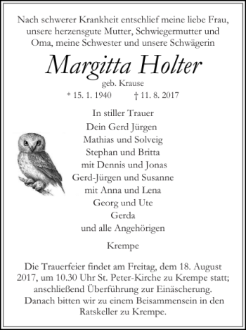 Traueranzeige von Margitta Holter von Norddeutsche Rundschau