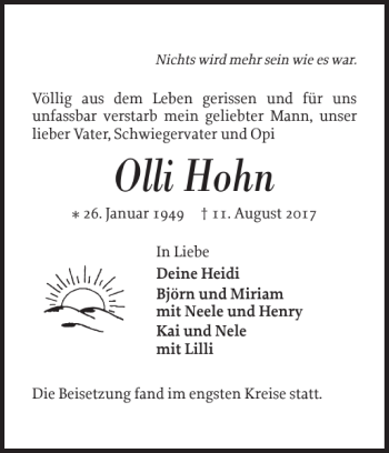 Traueranzeige von Olli Hohn von Norddeutsche Rundschau