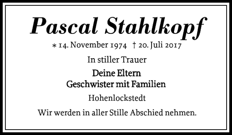 Traueranzeige für Pascal Stahlkopf vom 05.08.2017 aus Norddeutsche Rundschau
