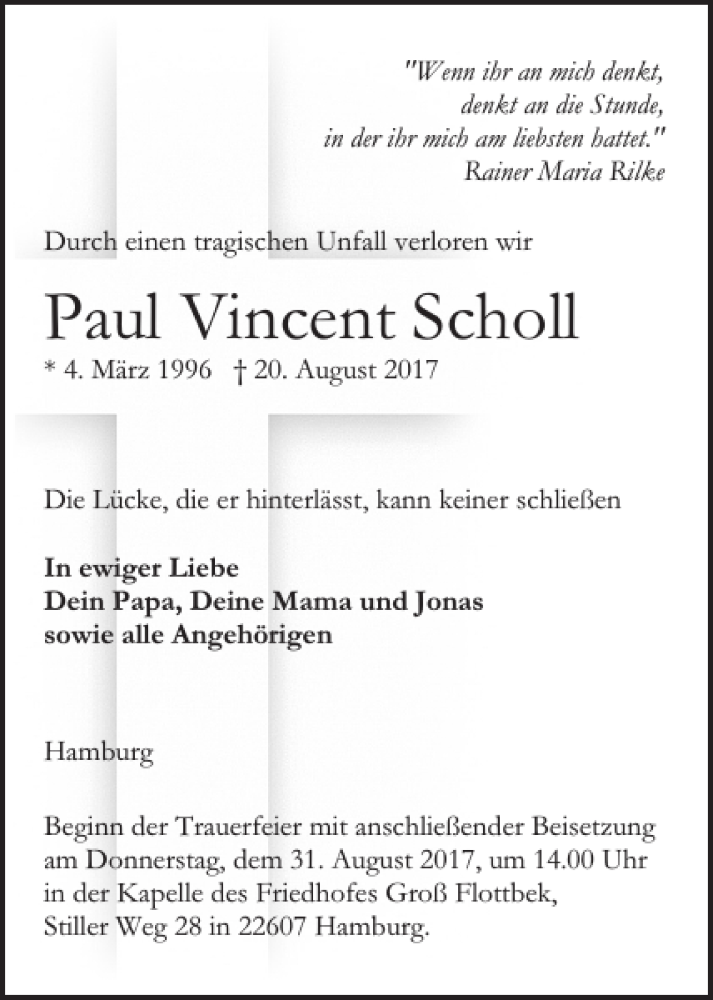  Traueranzeige für Paul Vincent Scholl vom 28.08.2017 aus Pinneberger Tageblatt