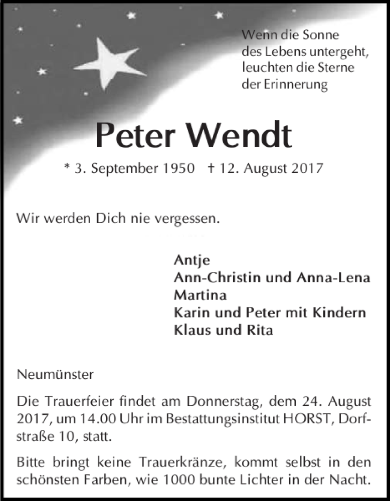  Traueranzeige für Peter Wendt vom 22.08.2017 aus Holsteinischer Courier