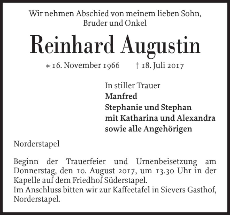  Traueranzeige für Reinhard Augustin vom 04.08.2017 aus Husumer Nachrichten