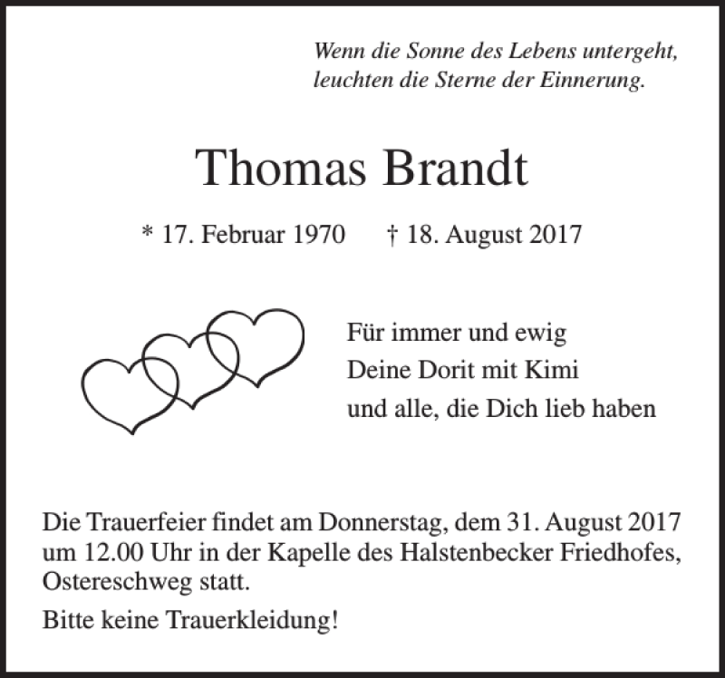 Traueranzeige für Thomas Brandt vom 26.08.2017 aus Pinneberger Tageblatt