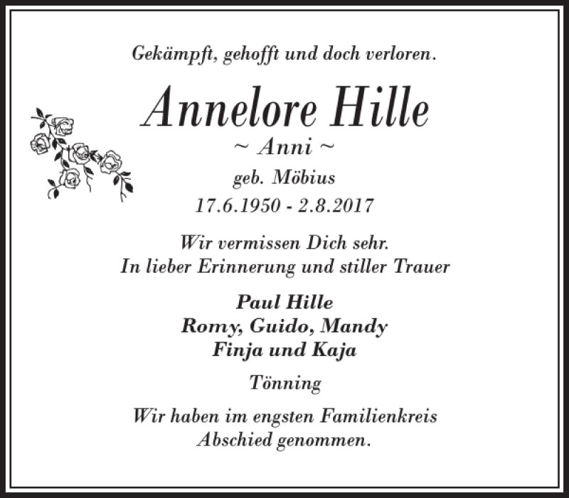  Traueranzeige für Annelore Hille vom 06.09.2017 aus Husumer Nachrichten
