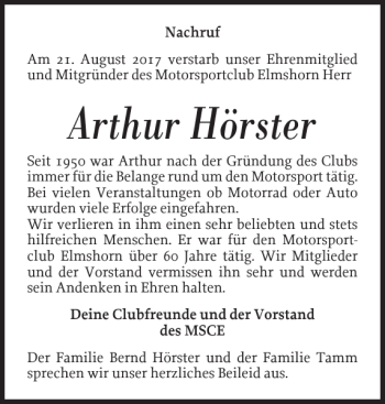 Traueranzeige von Arthur Hörster von Elmshorner Nachrichten