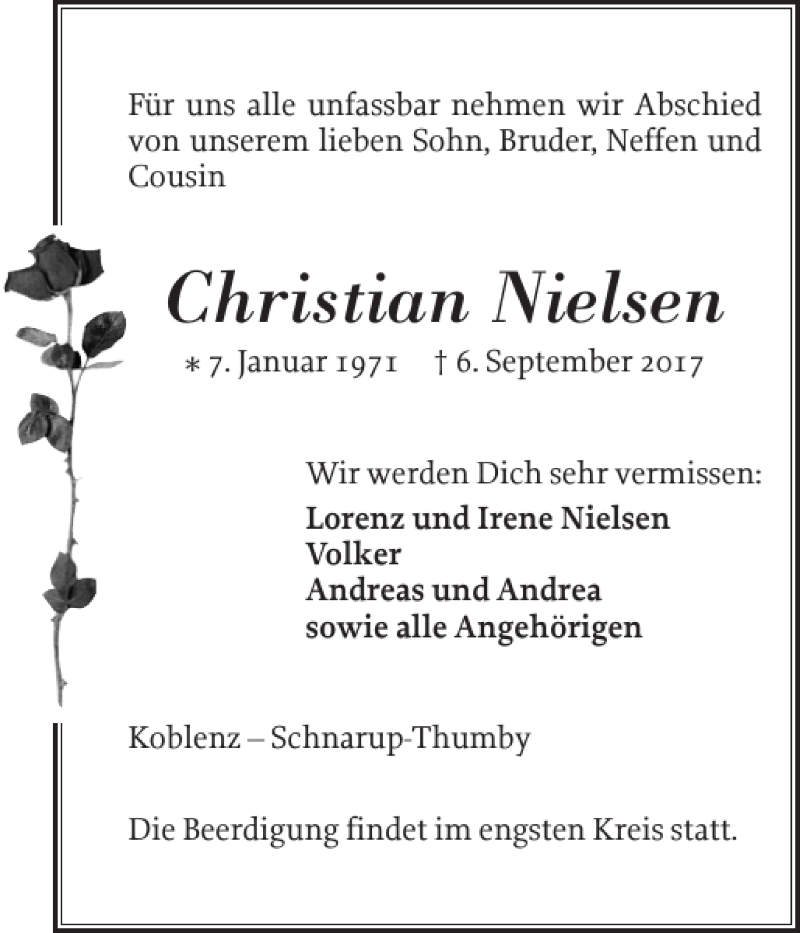  Traueranzeige für Christian Nielsen vom 09.09.2017 aus Schleswiger Nachrichten