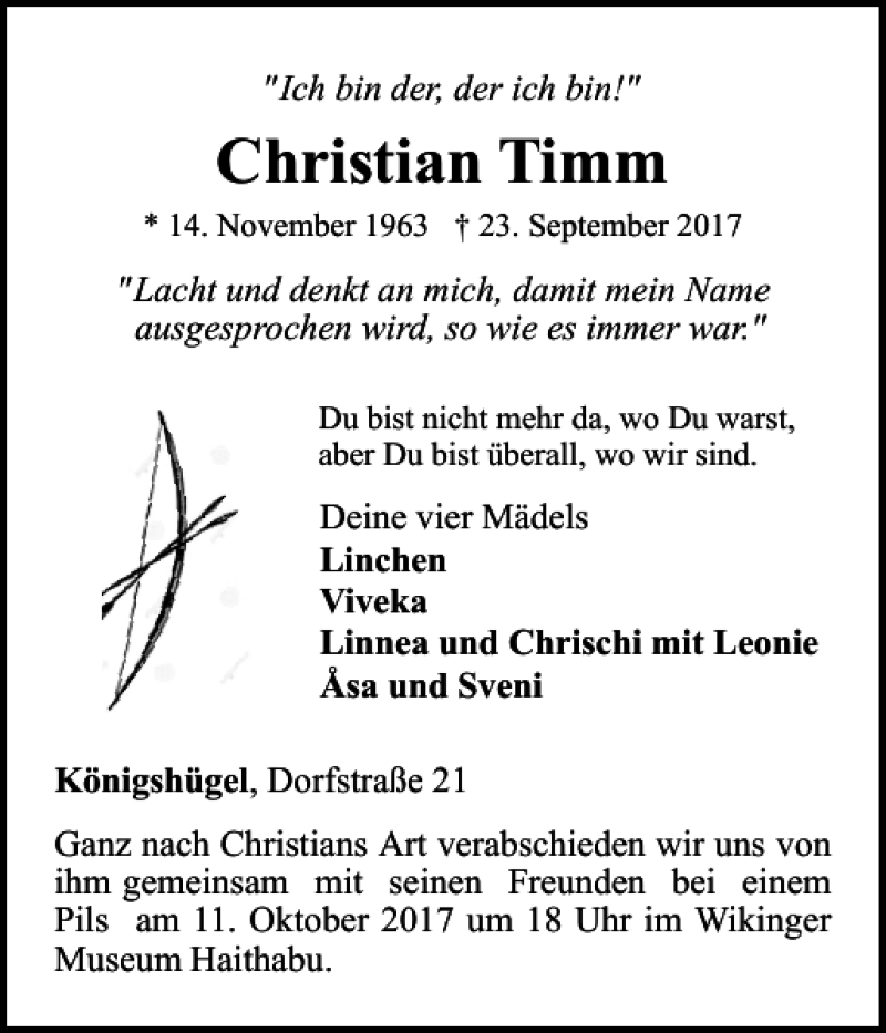  Traueranzeige für Christian Timm vom 30.09.2017 aus Landeszeitung