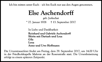 Traueranzeige von Else Aschendorff von Ostholsteiner Anzeiger