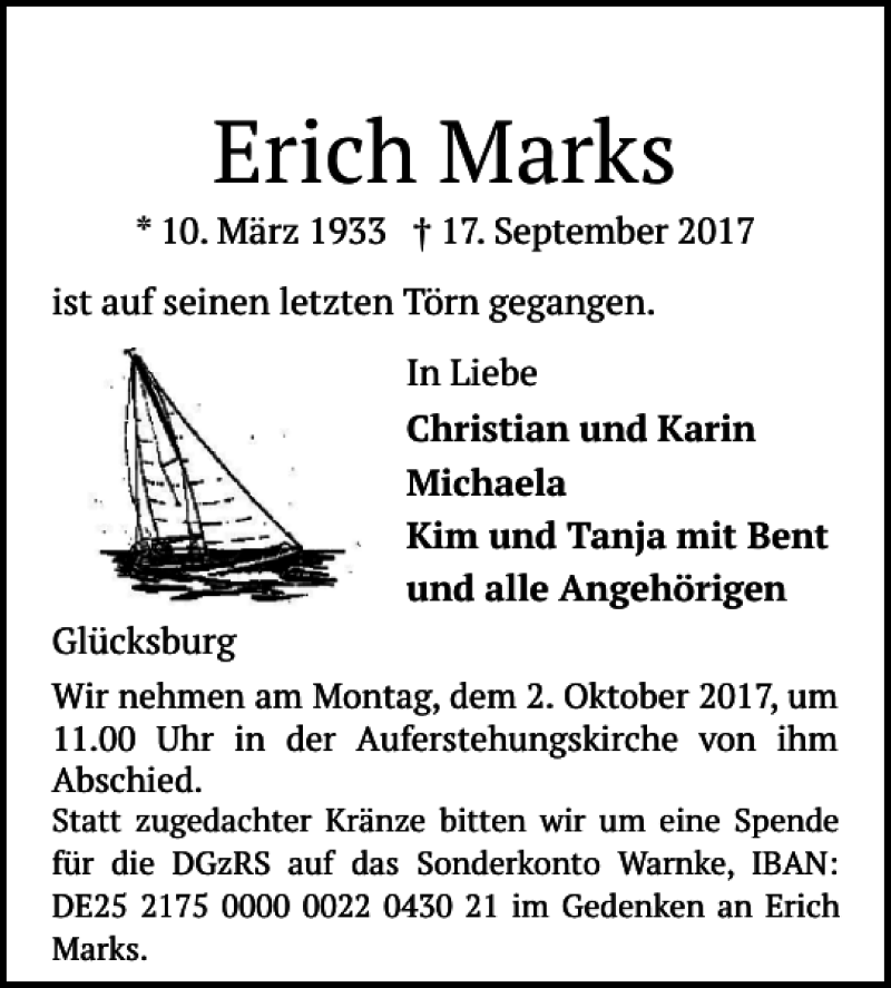  Traueranzeige für Erich Marks vom 23.09.2017 aus Flensburger Tageblatt