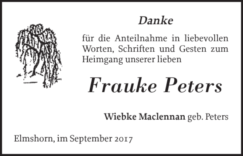  Traueranzeige für Frauke Peters vom 02.09.2017 aus Elmshorner Nachrichten