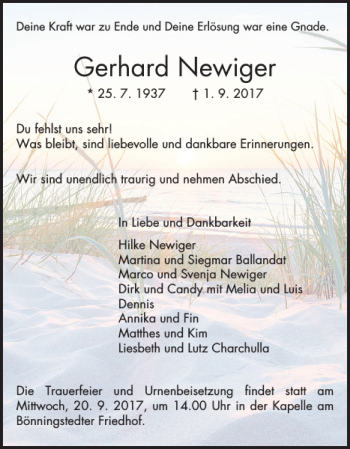 Traueranzeige von Gerhard Newiger von Pinneberger Tageblatt