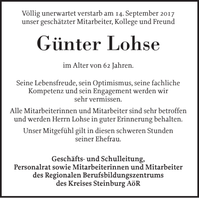  Traueranzeige für Günter Lohse vom 23.09.2017 aus Norddeutsche Rundschau