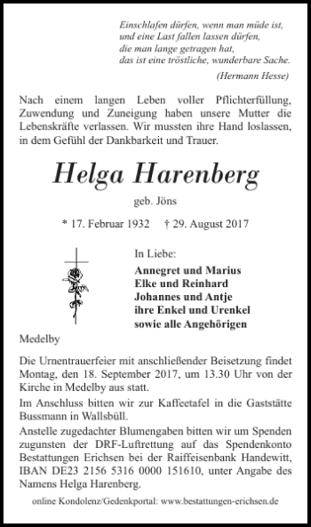 Traueranzeige von Helga Harenberg von Flensburger Tageblatt