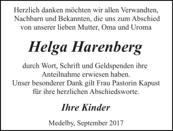 Traueranzeige von Helga Harenberg von Flensburger Tageblatt