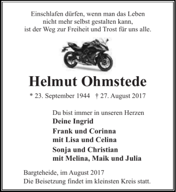 Traueranzeige von Helmut Ohmstede von Stormarner Tageblatt