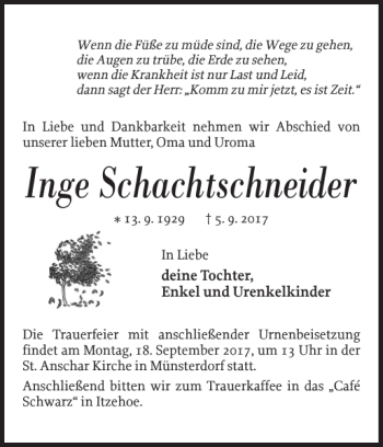 Traueranzeige von Inge Schachtschneider von Norddeutsche Rundschau
