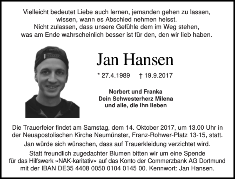  Traueranzeige für Jan Hansen vom 30.09.2017 aus Holsteinischer Courier