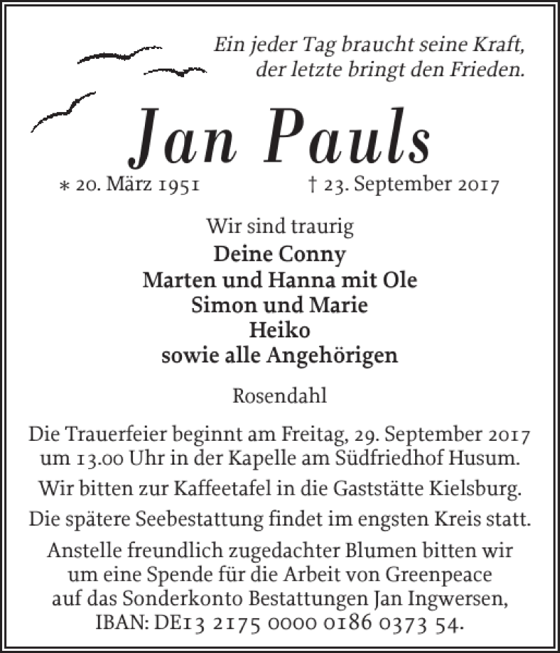  Traueranzeige für Jan Pauls vom 26.09.2017 aus Husumer Nachrichten