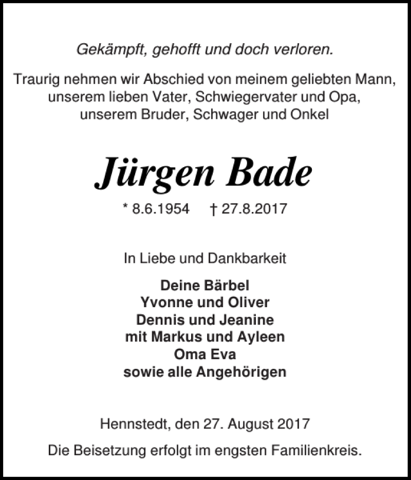  Traueranzeige für Jürgen Bade vom 02.09.2017 aus Norddeutsche Rundschau