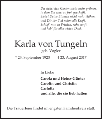 Traueranzeige von Karla von Tungeln von Wedel-Schulauer Tageblatt