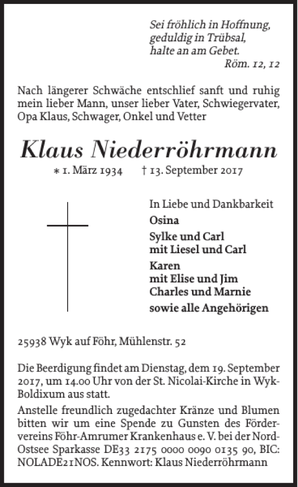  Traueranzeige für Klaus Niederröhrmann vom 15.09.2017 aus Der Insel-Bote